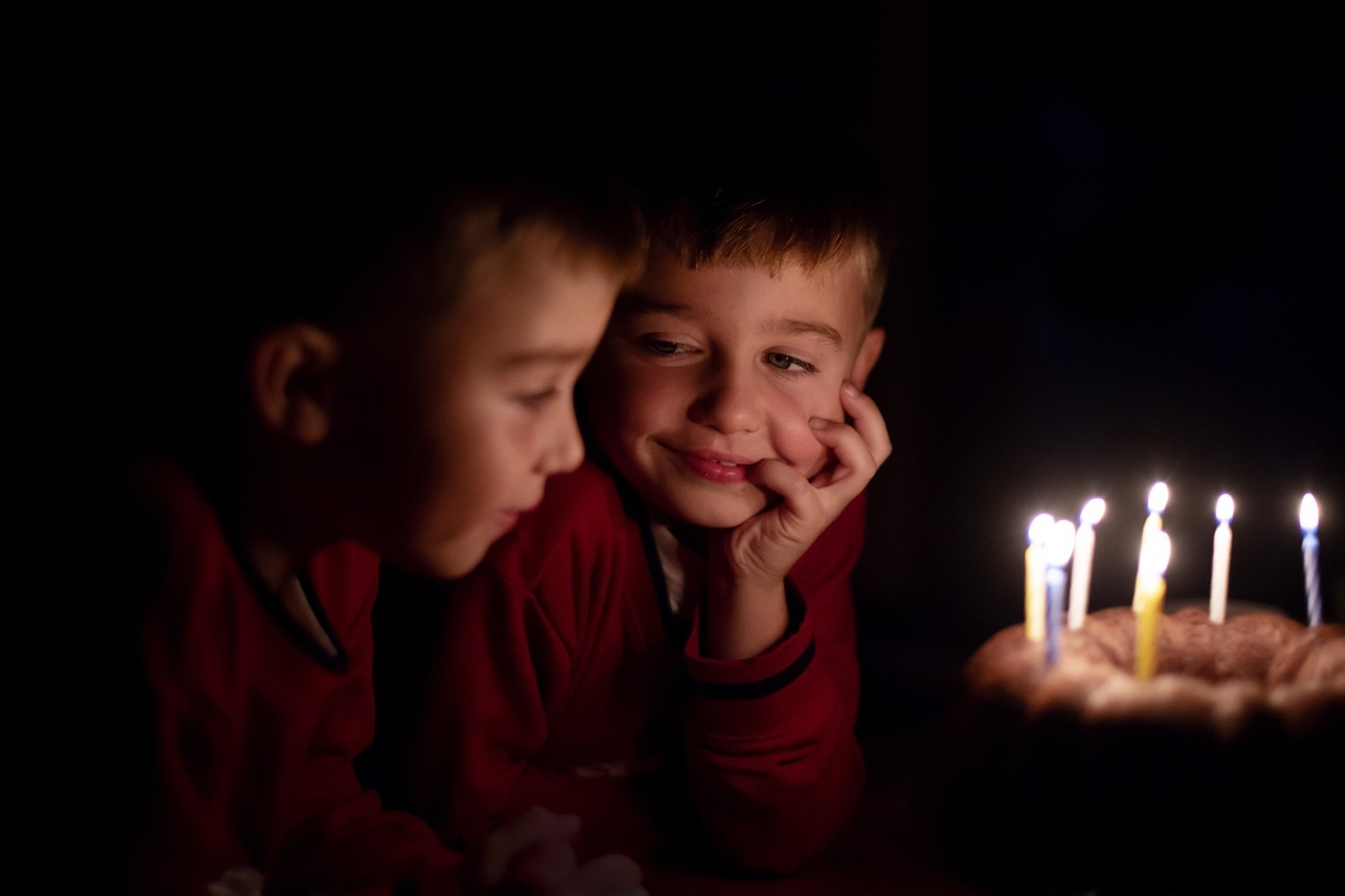 two twin boys smiling while looking at birthday cake candles