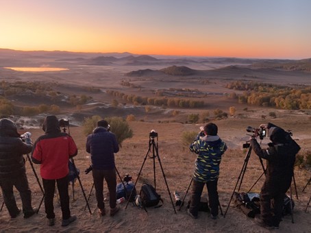 a line of five photographers taking photos in the desert