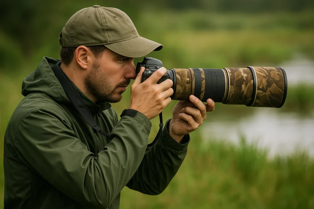 a photographer engaging in wildlife photography looking focused