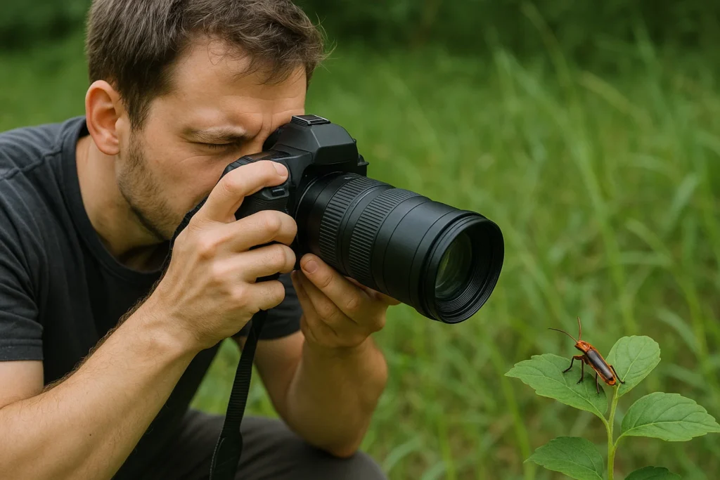 A photographer takes a photo of an insect sitting on a leaf in a field