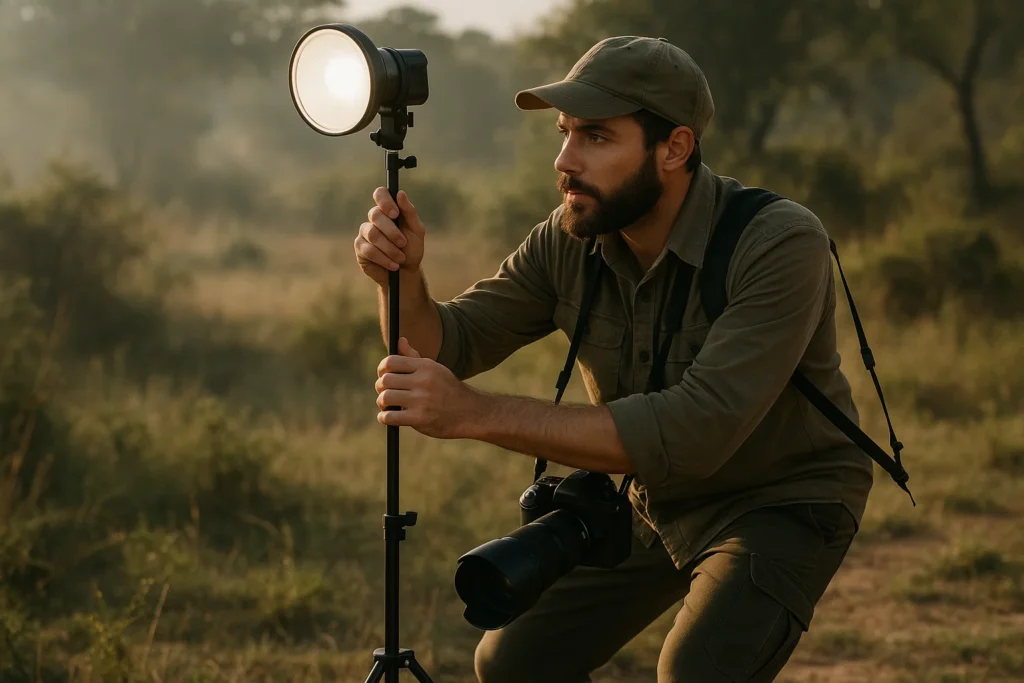 a wildlife photographer setting up lighting