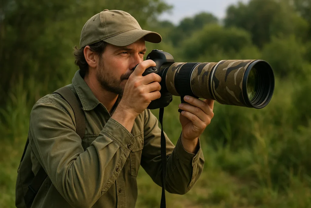 a wildlife photographer observing the environment