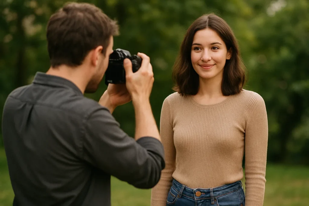 a photographer demonstrating how to take portrait photos