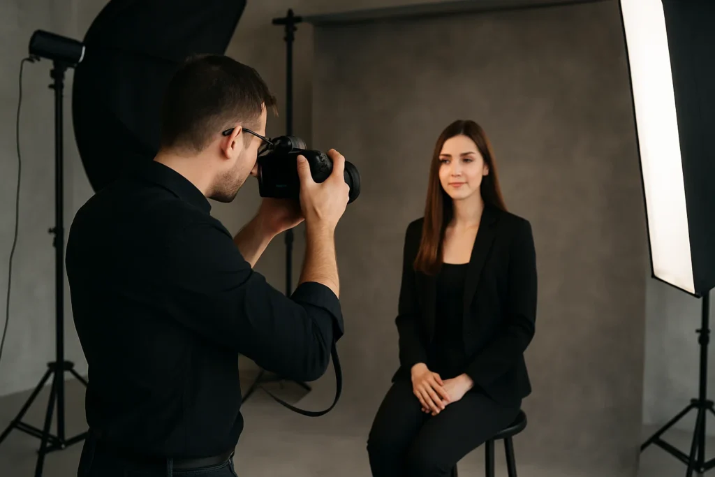 a professional photographer taking a portrait photo in a studio