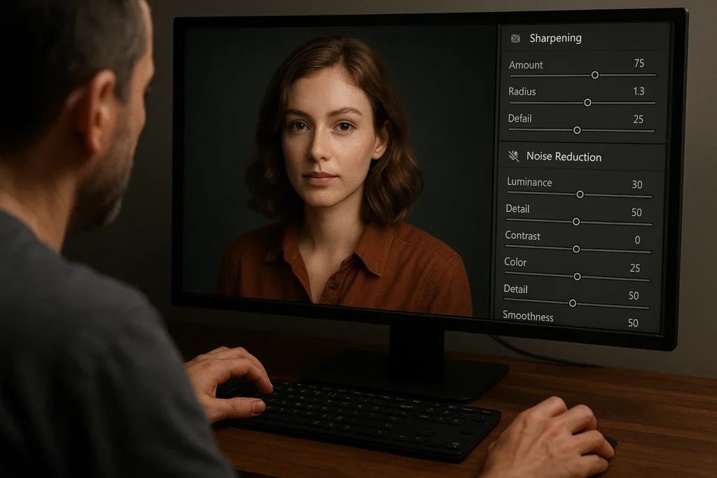 a photographer Sharpening, Noise Reduction, and Output of their photo on a computer