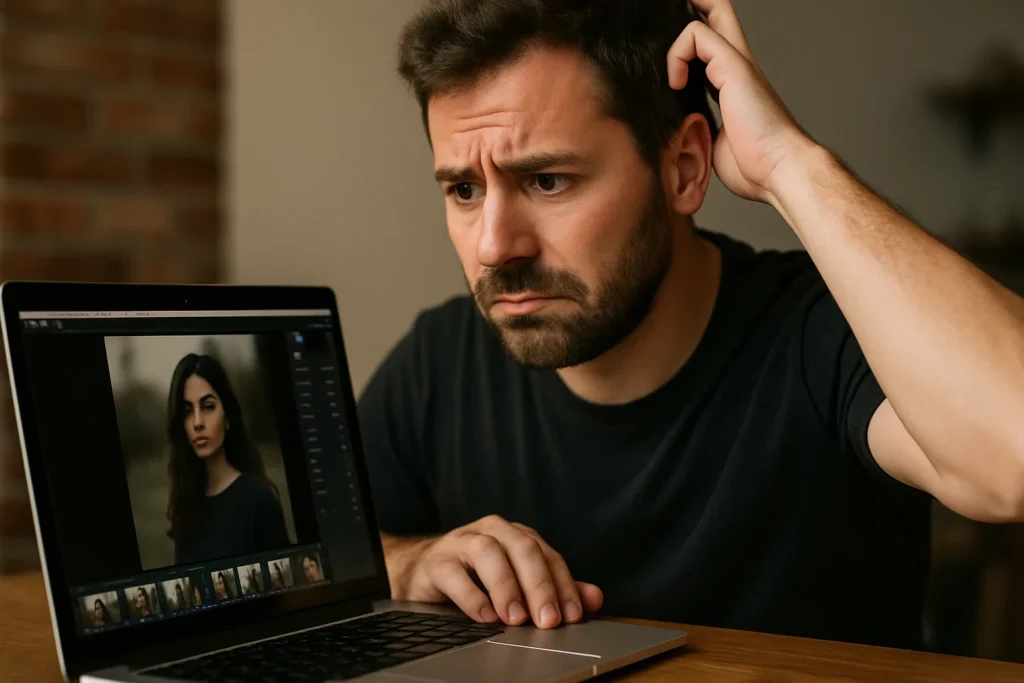 a photographer Scratching their head in confusion when editing a photo on their computer