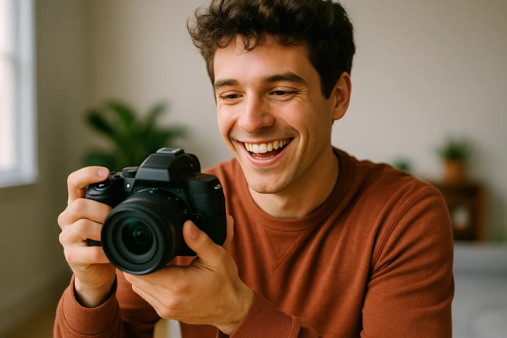 someone happy using their brand new digital camera