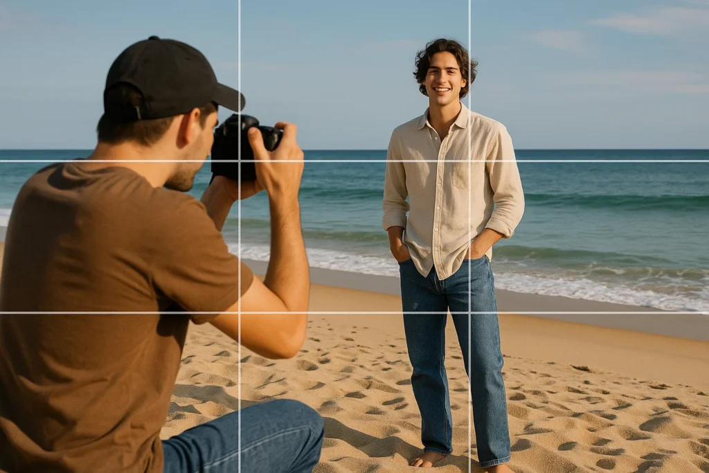 a photographer taking a picture of their friend on the beach using the rule of thirds method