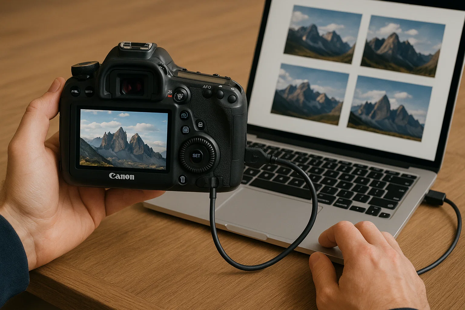 someone Transferring Photos from a Canon Camera to Computer
