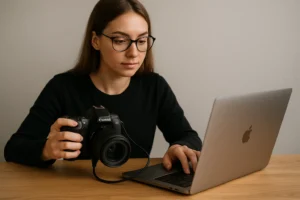 a woman Transferring Photos from a Canon Camera to Computer with a usb cable