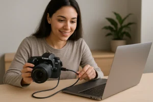 a woman Transferring Photos from a Canon Camera to Computer with a usb cable