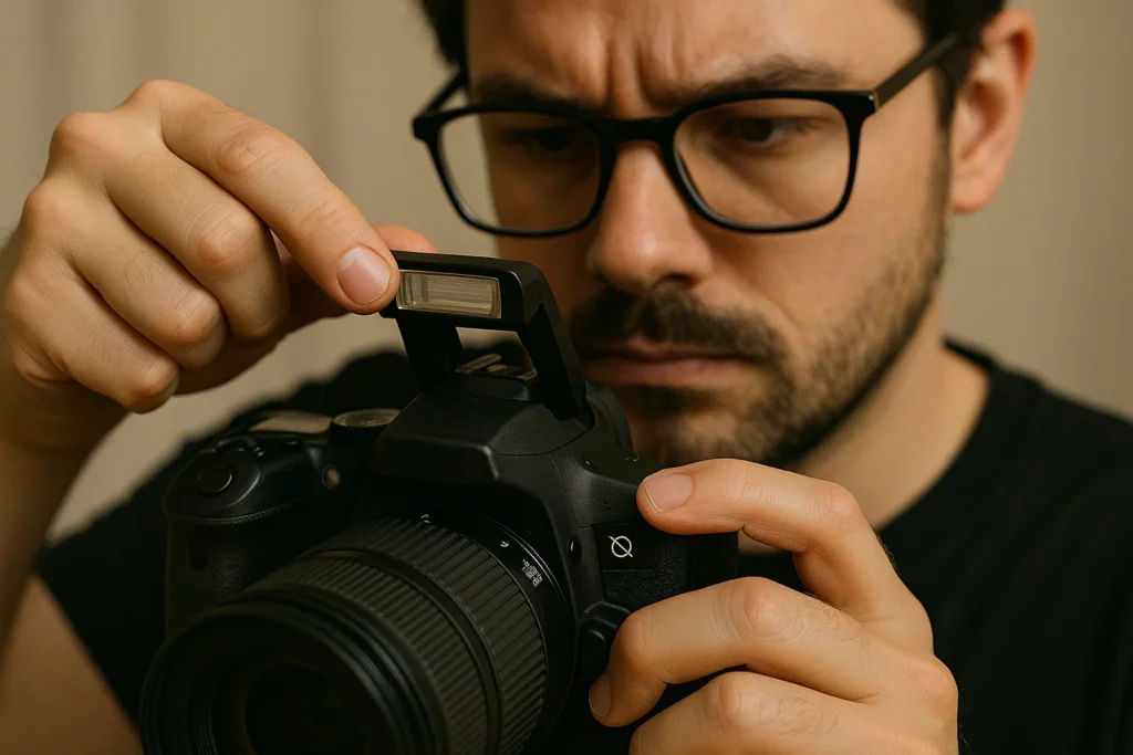 a photographer disabling the flash on their camera