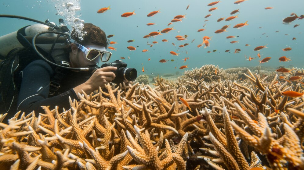 table of contents, portrait scuba diver sea water with marine life