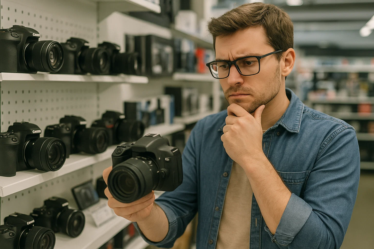 someone trying to decide what camera to buy in a store 