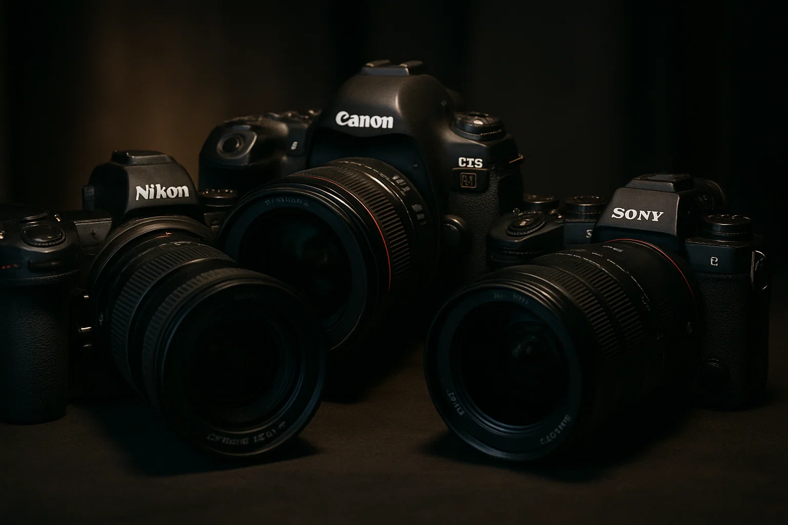 a cinematic image of a group of different high range cameras