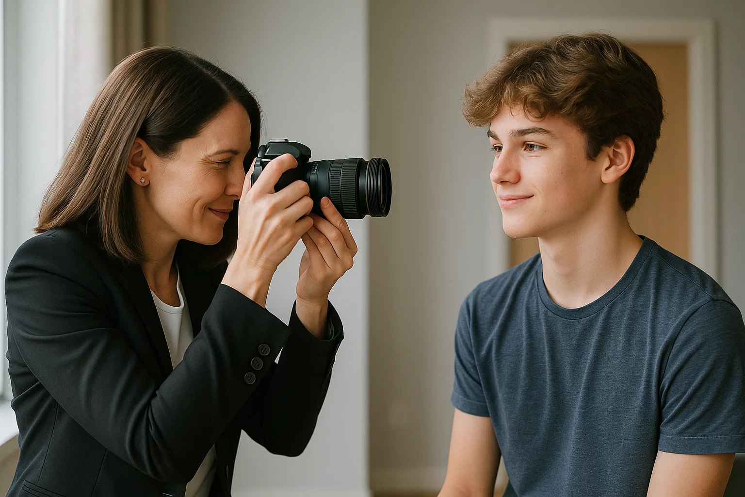 a proffesional looking image mother taking a photo of her teenage son with a camera