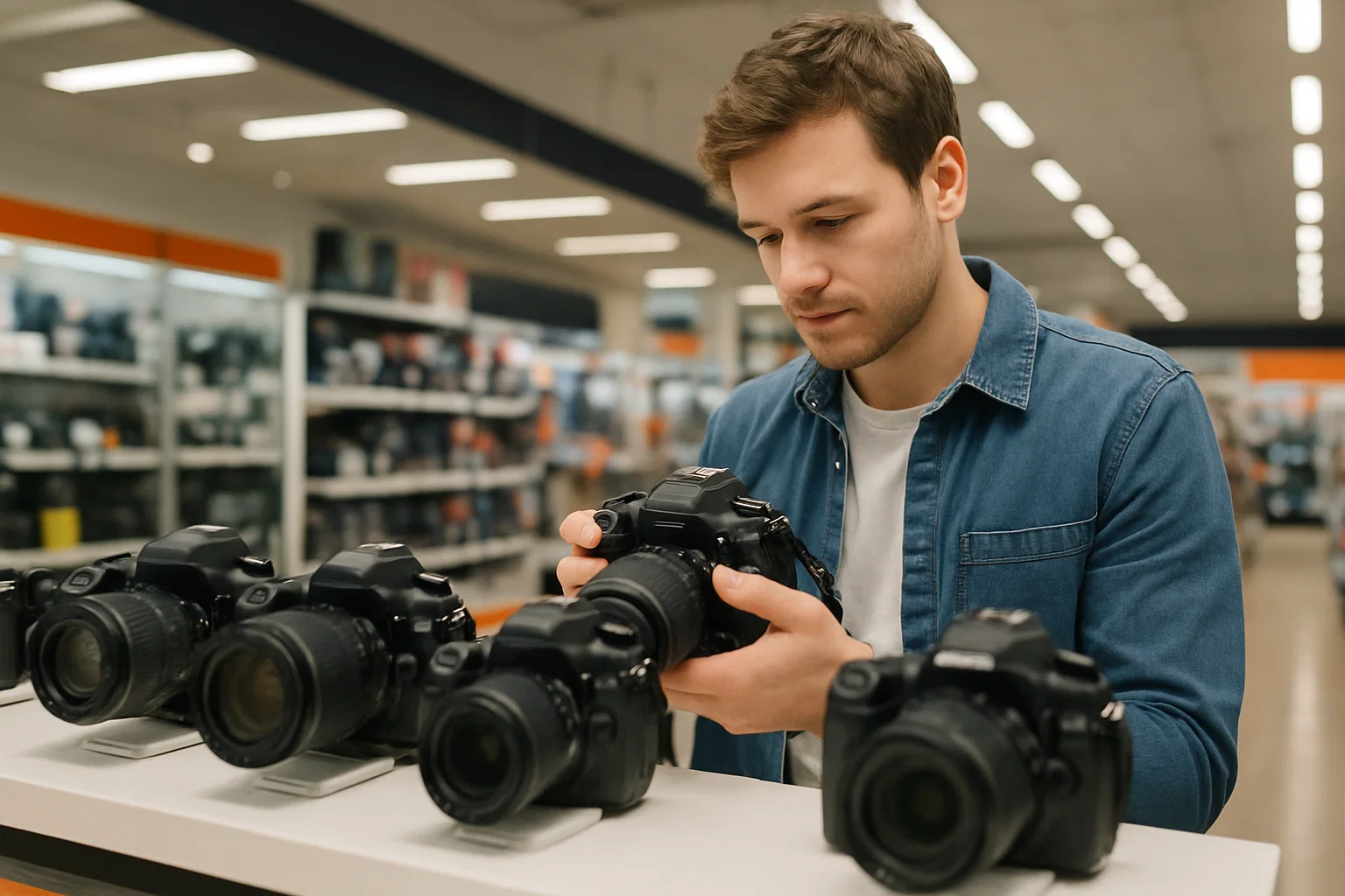 someone browsing cameras in a store