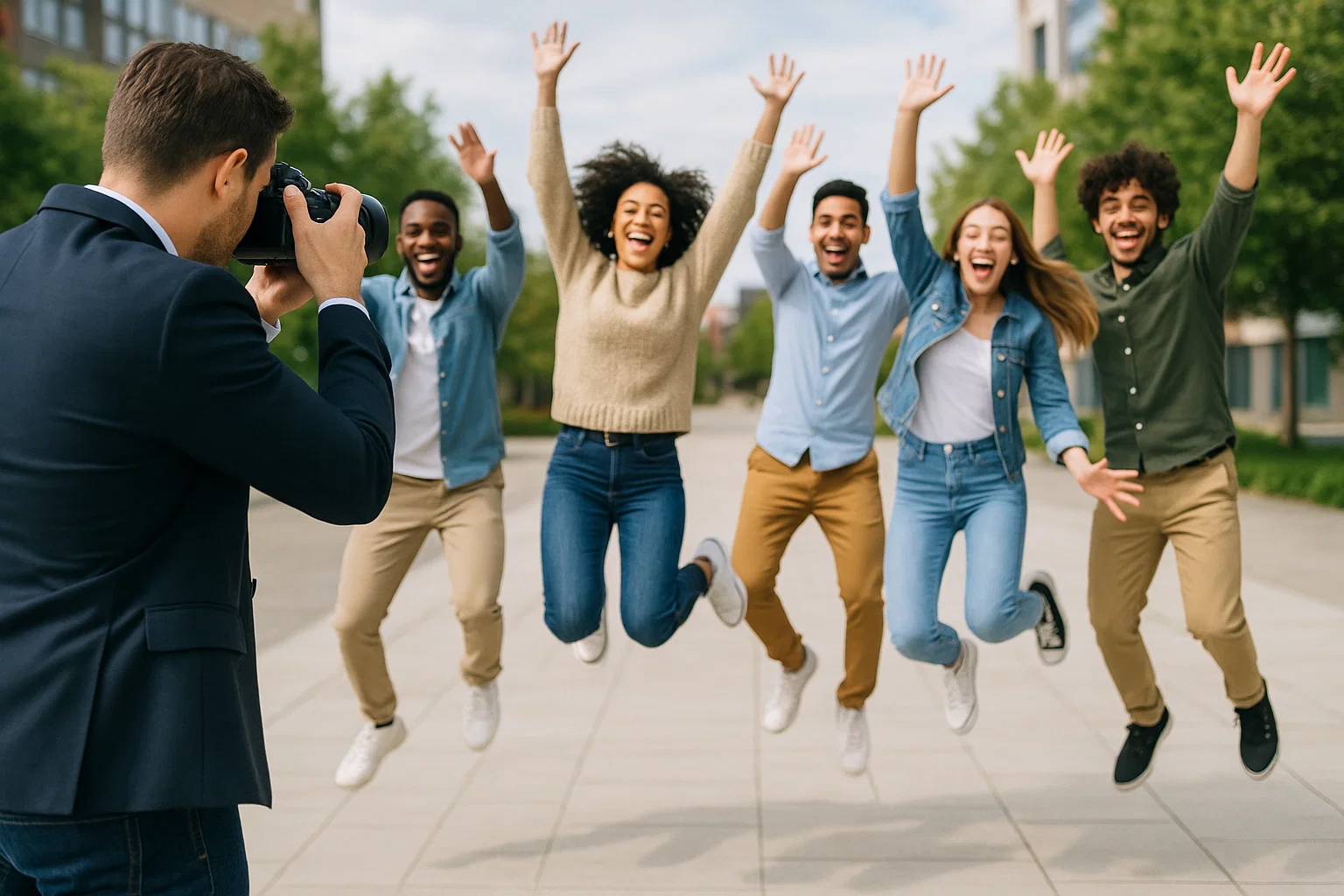 a professional looking image of a photographer taking an image of a diverse group of happy friends jumping in the air simultaneously 
