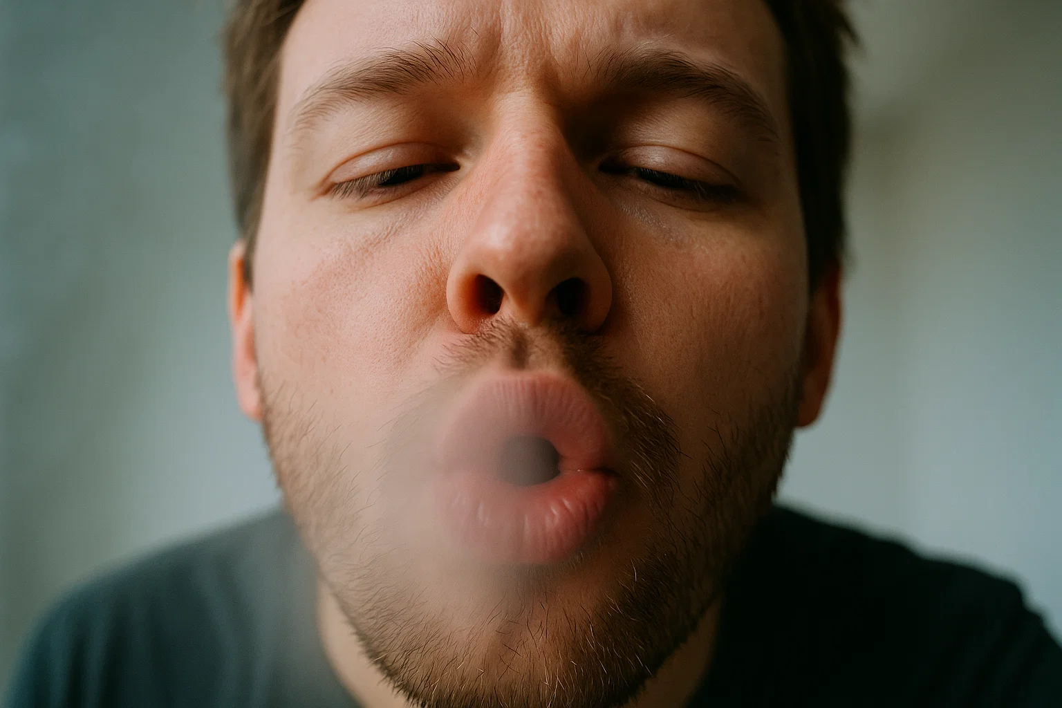 someone breathing on their camera lens 