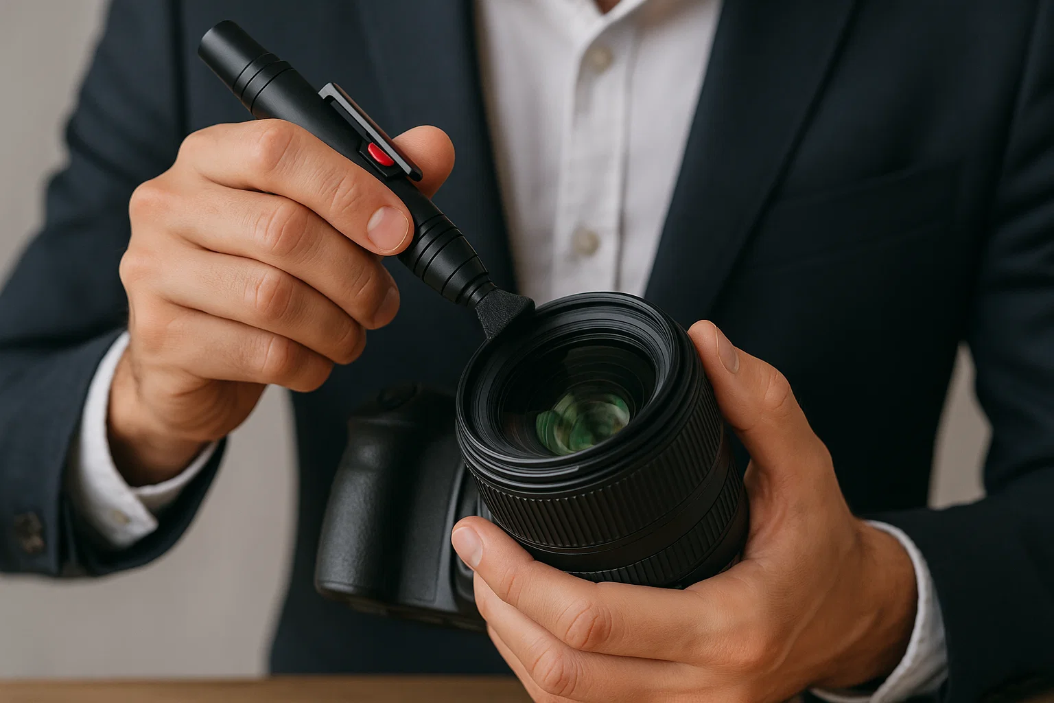 someone cleaning their camera lens