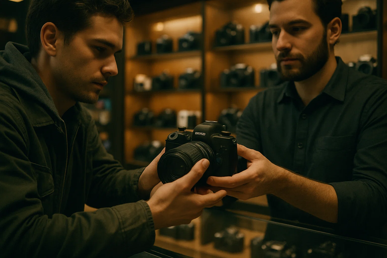 a cinematic image of someone buying a camera in a store