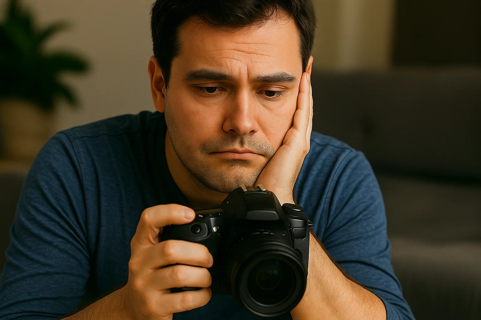 someone looking disappointed with their camera not performing how they would like 