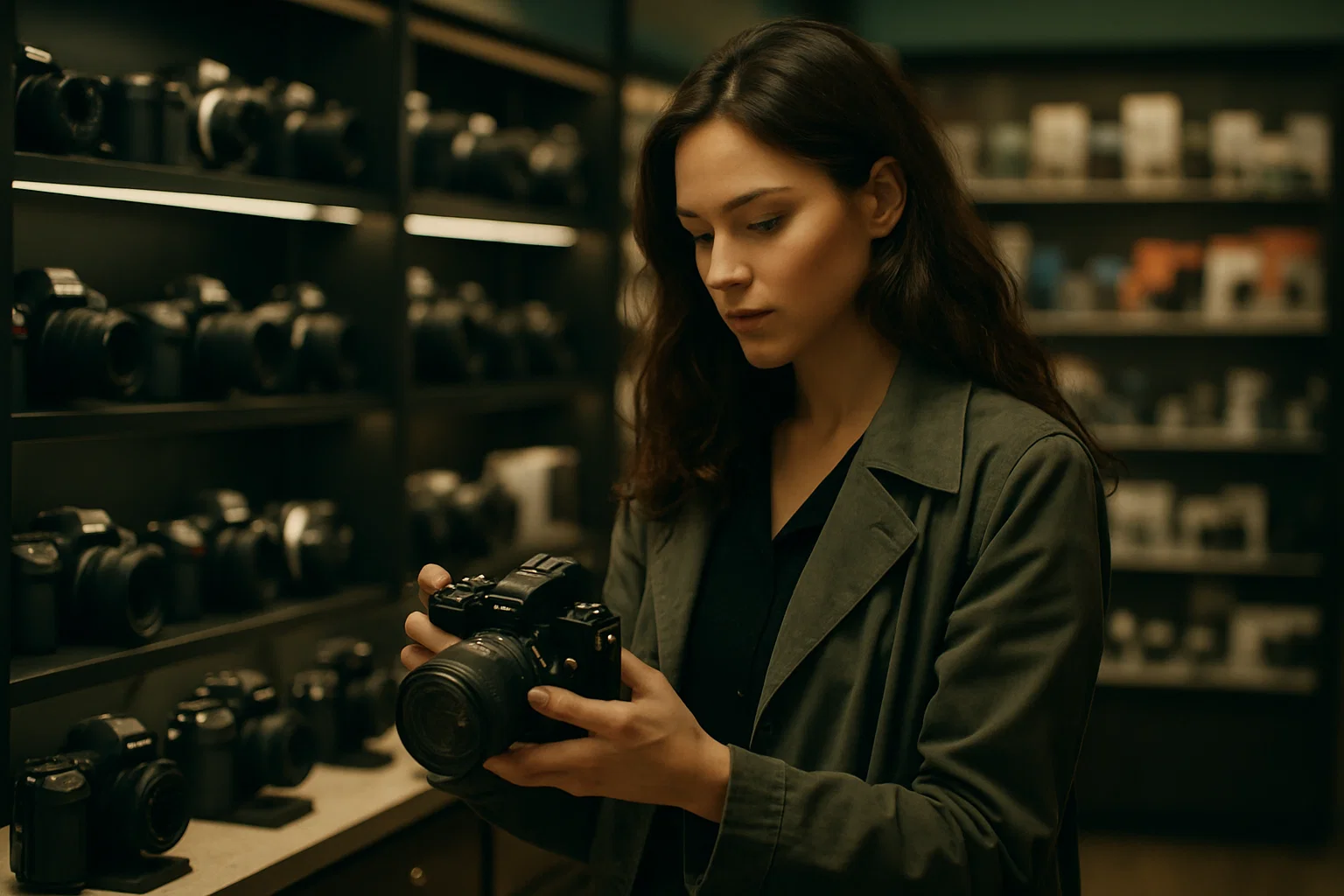 a cinematic image of a woman browsing cameras in a store