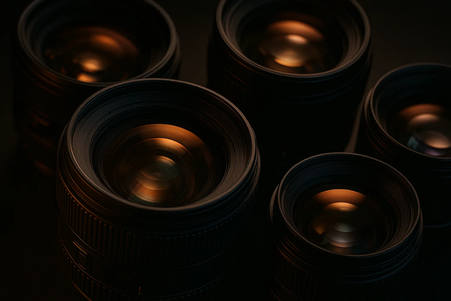 A cinematic image of a group of camera lenses