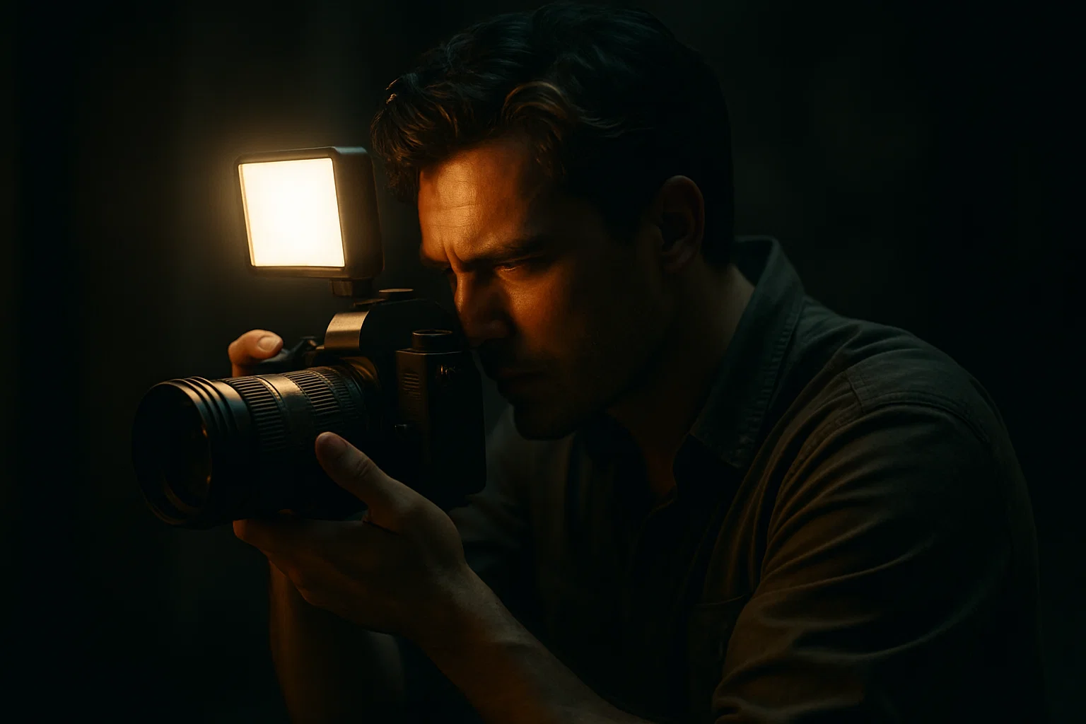 a cinematic image of a photographer using a camera light