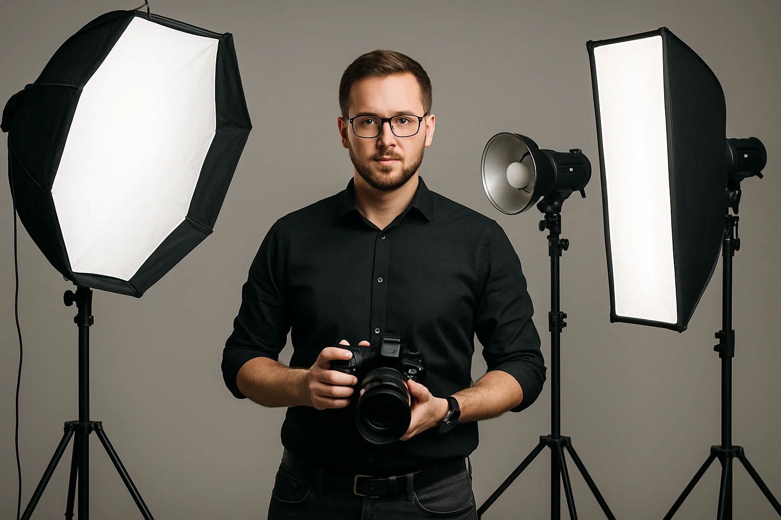 a professional looking image of a photographer and their lighting set up 