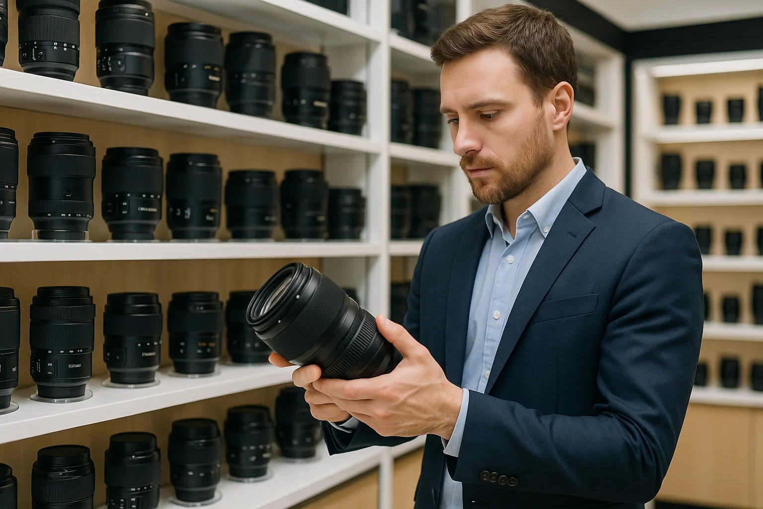 Someone browsing for camera lenses in a store 