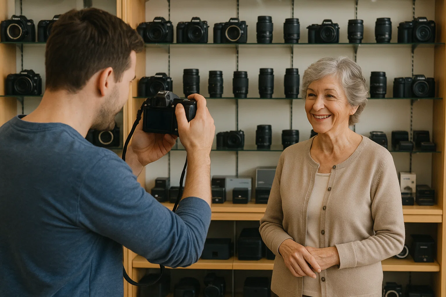 a man taking a photo of his mum in a camera store 