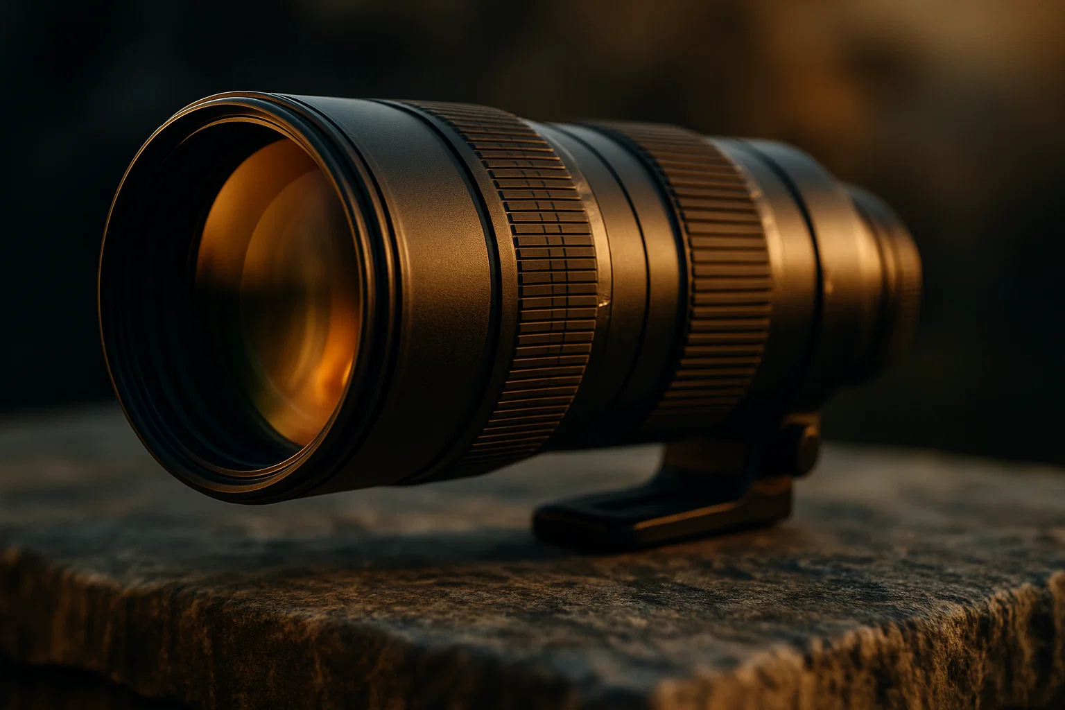A CINEMTAIC IMAGE OF A LONG DISTANCE CAMERA LENSE ON A STONE TABLE