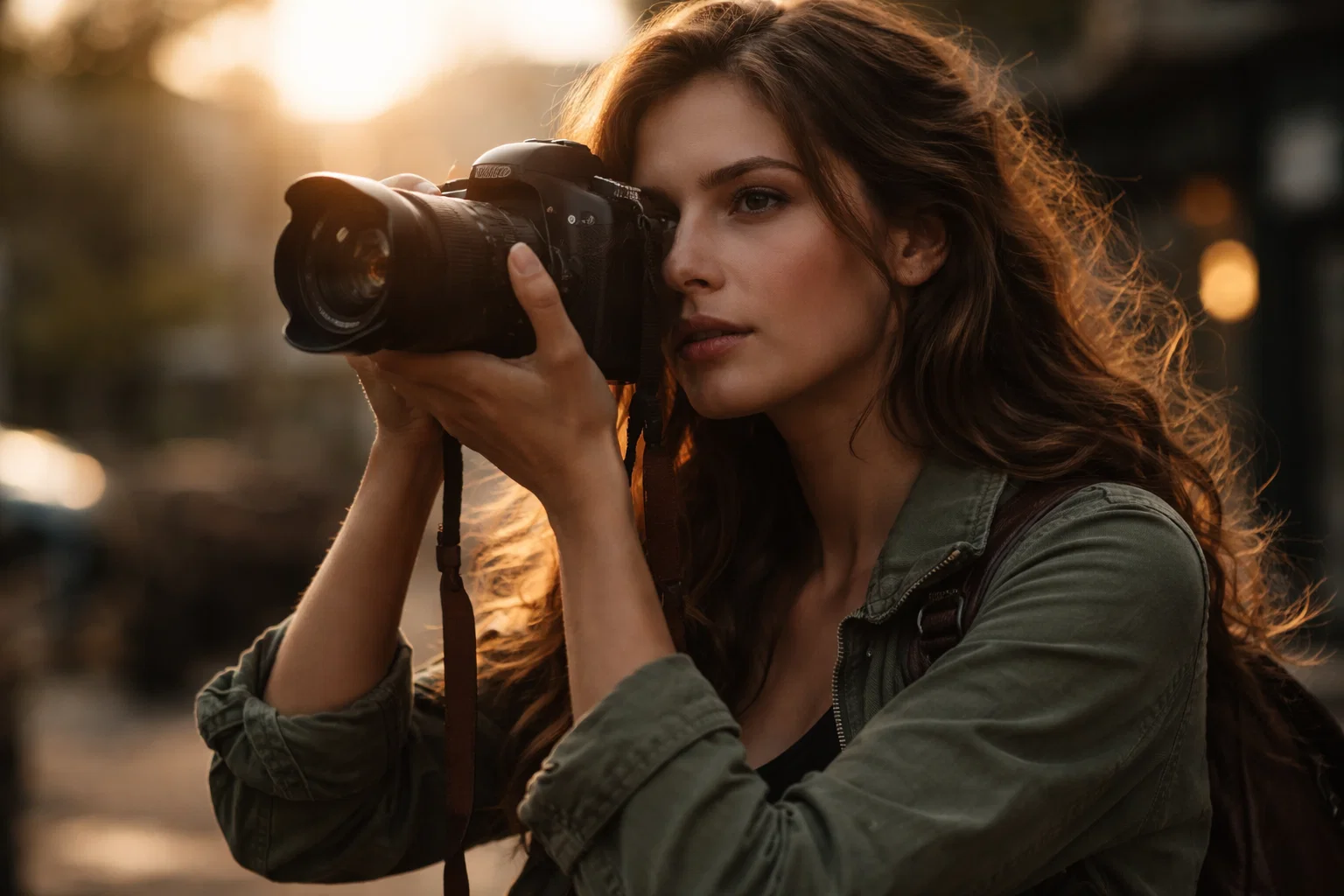 A cinematic image of a female photographer taking a photo