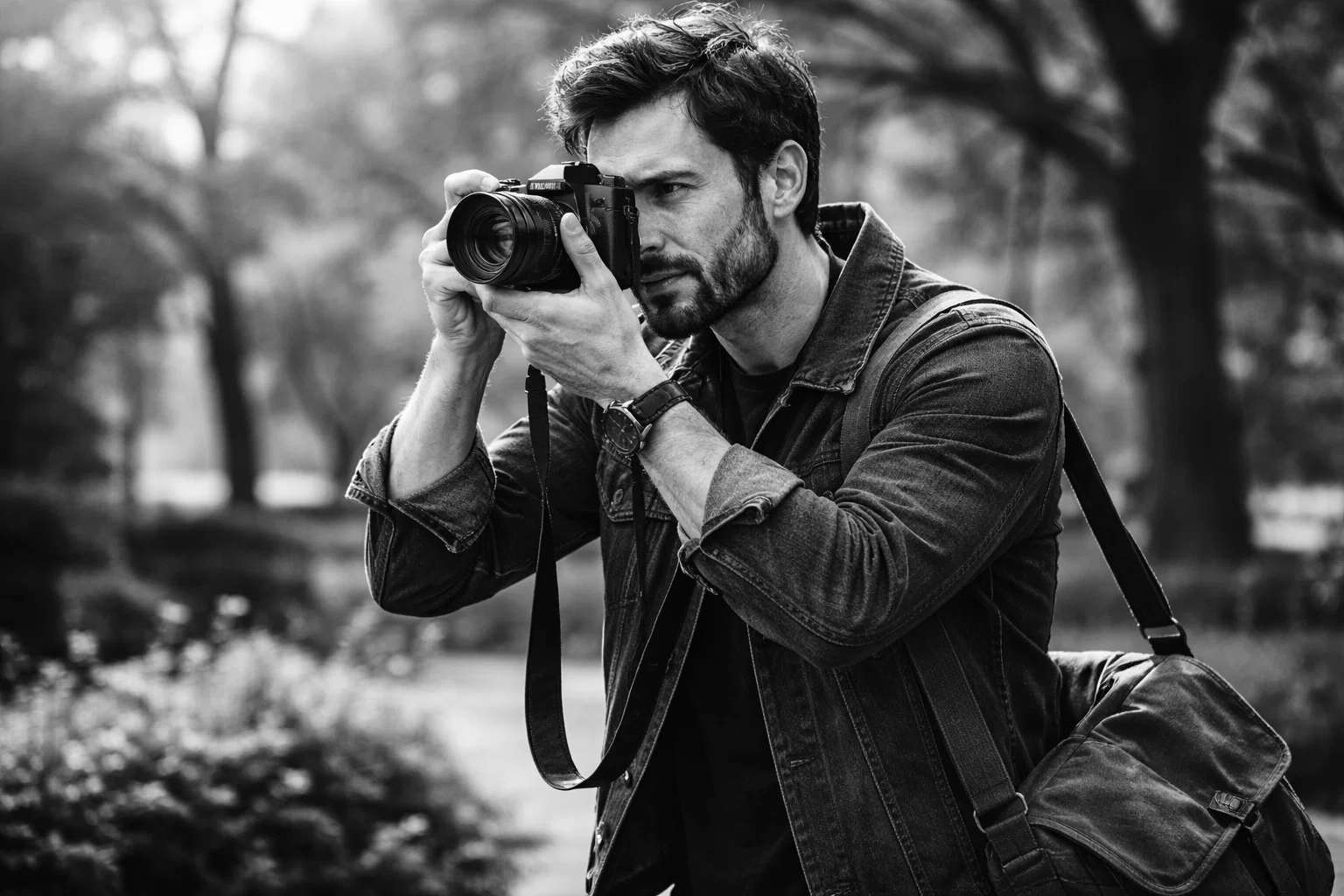 A photographer practising black and white photography 