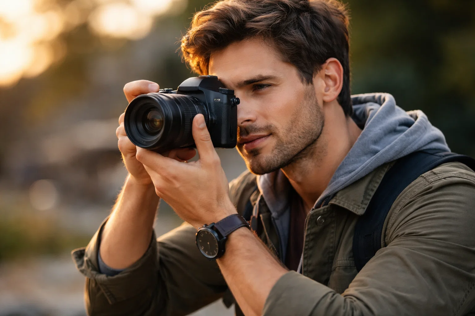 A photographer using a mirrorless camera 