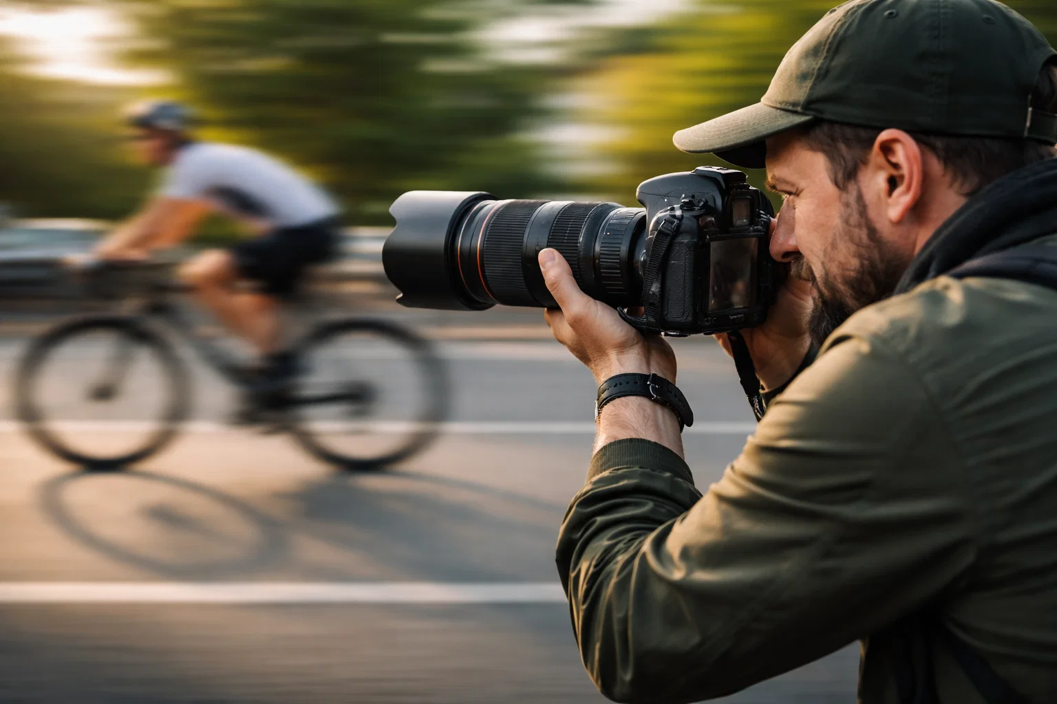 A man panning his camera to follow a bicycle 