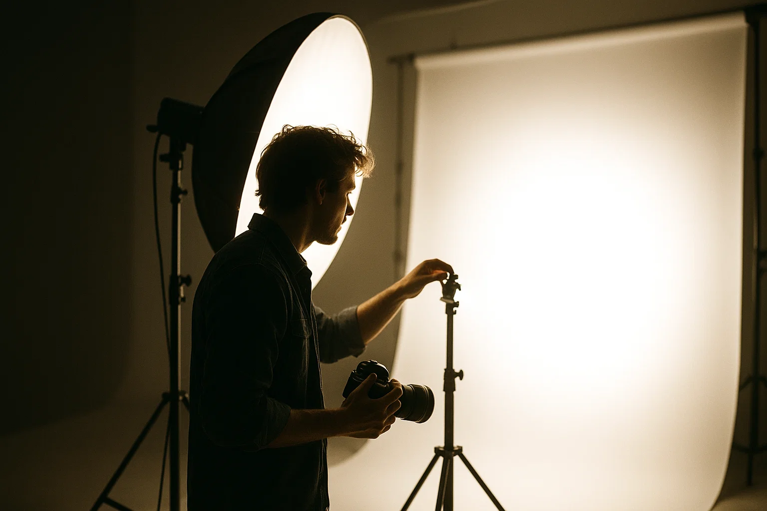 What is high key lighting- a photographer setting up lighting for a photoshoot 
