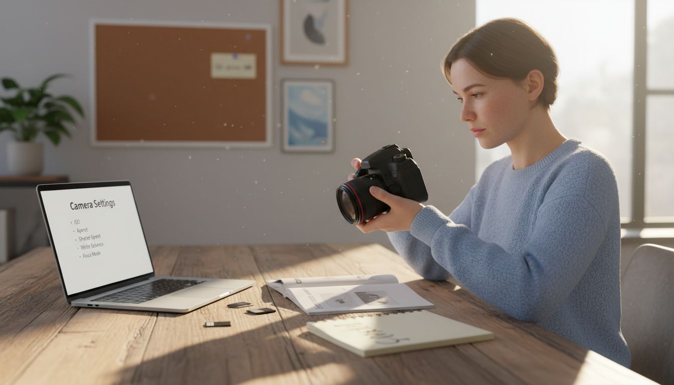 Beginner adjusting camera with checklist in home studio