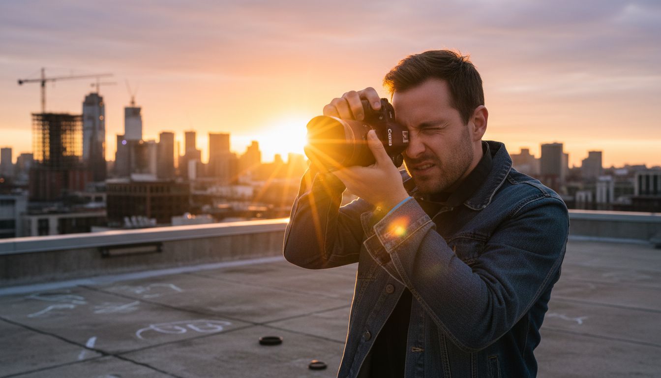 Photographer shooting skyline with lens flare