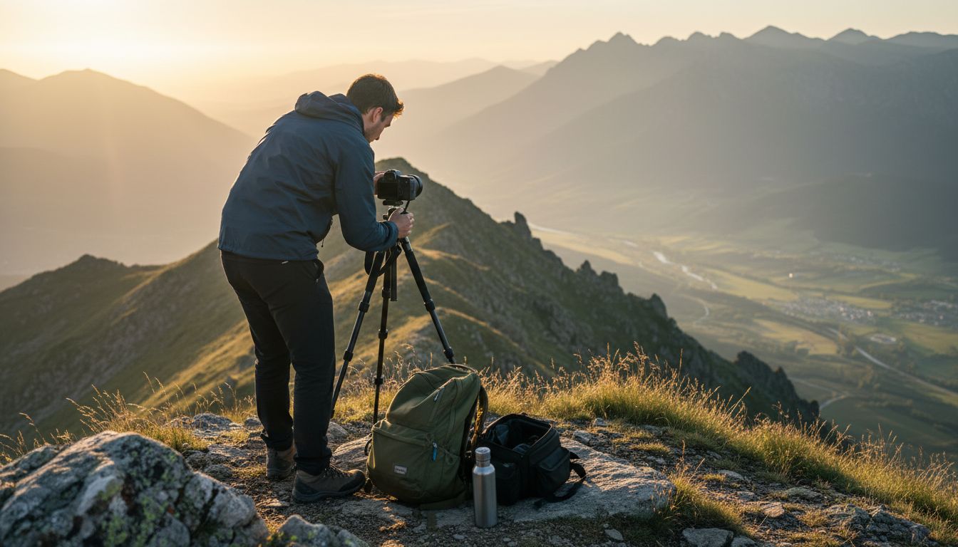 Photographer on mountain ridge at sunrise