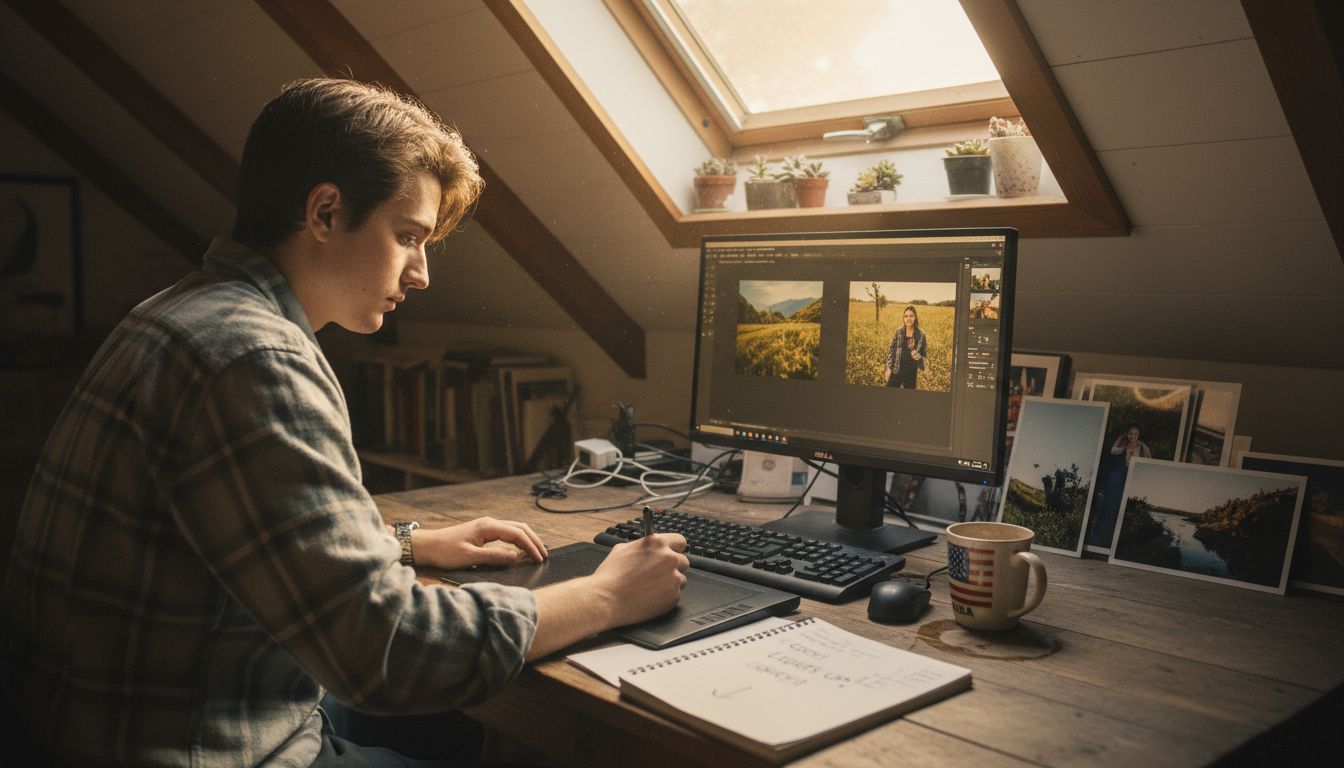 Person editing photos in cluttered attic workspace