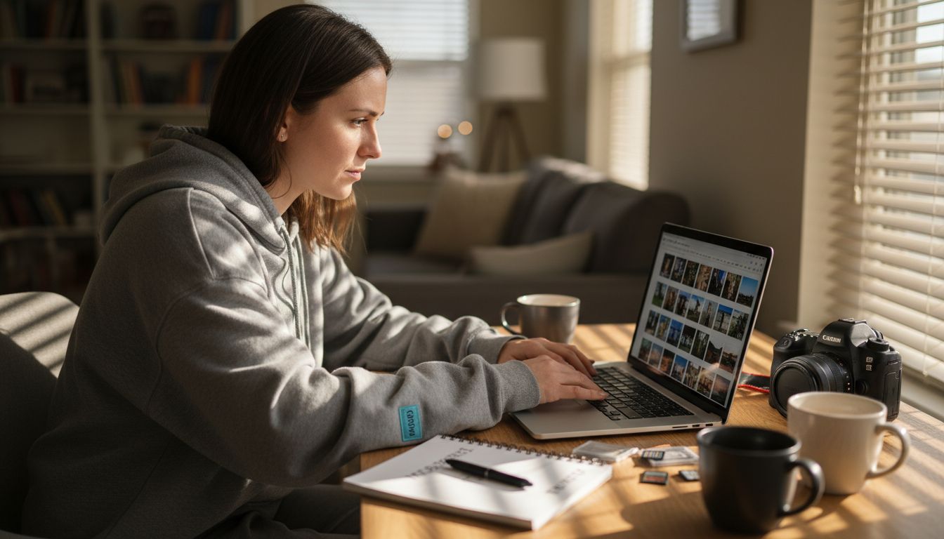 Woman editing photos at cluttered living room table