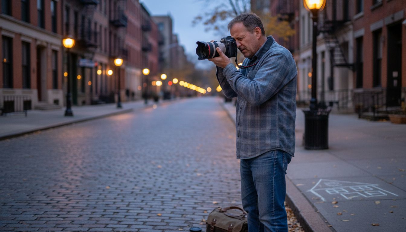 Photographer using camera autofocus at dusk