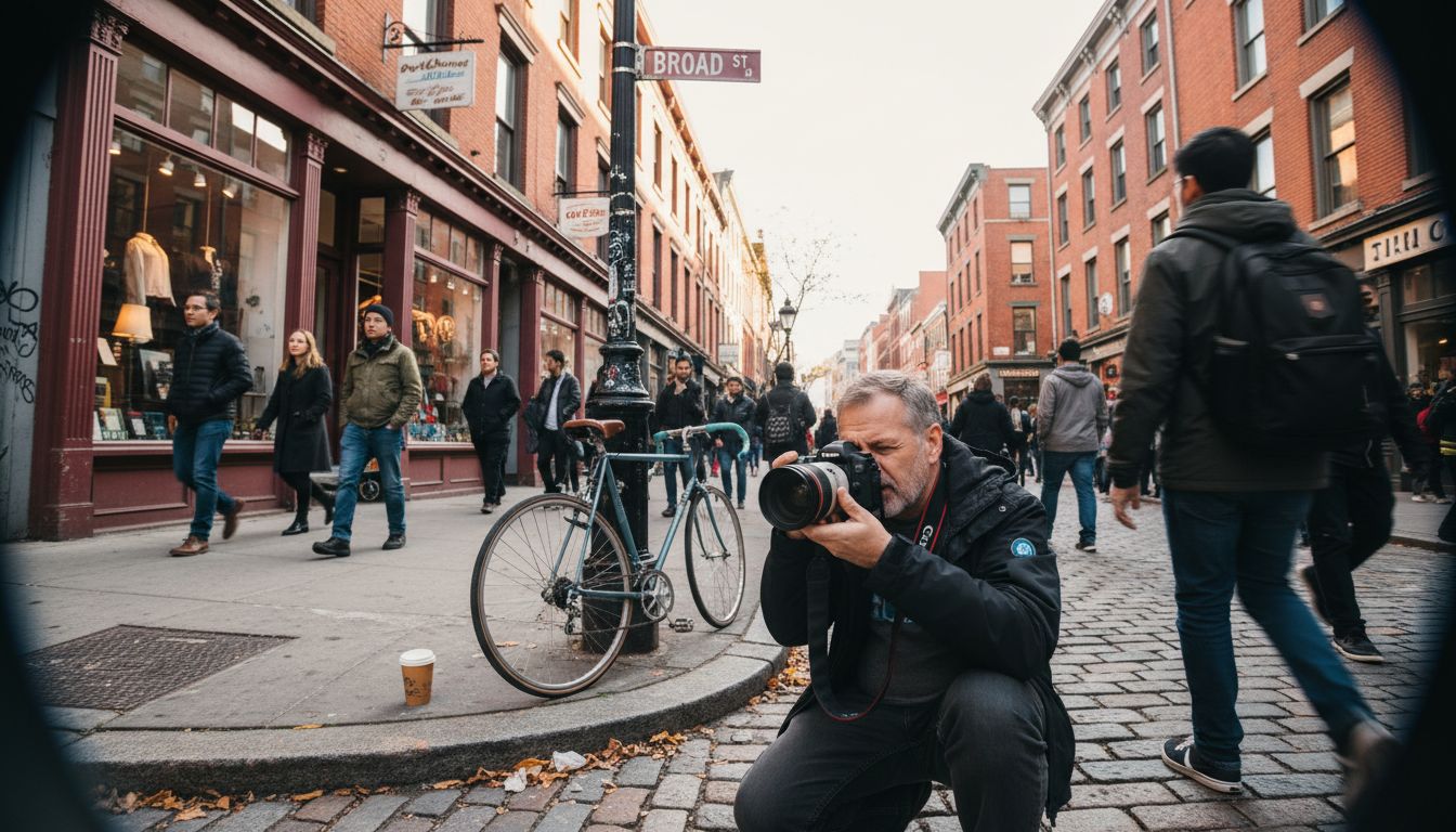 Photographer capturing street scene with lens distortion