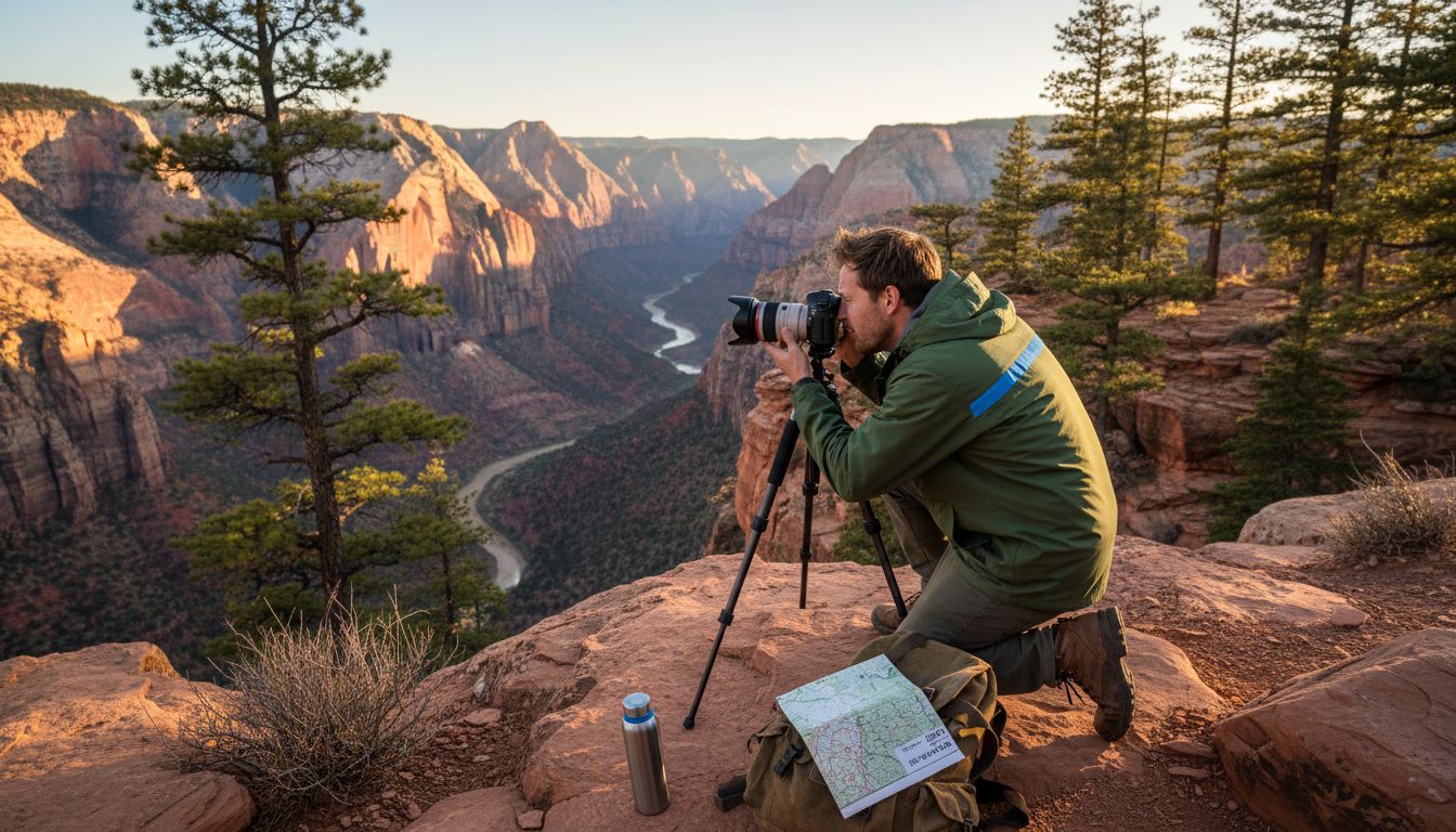Photographer with wide angle lens at canyon edge