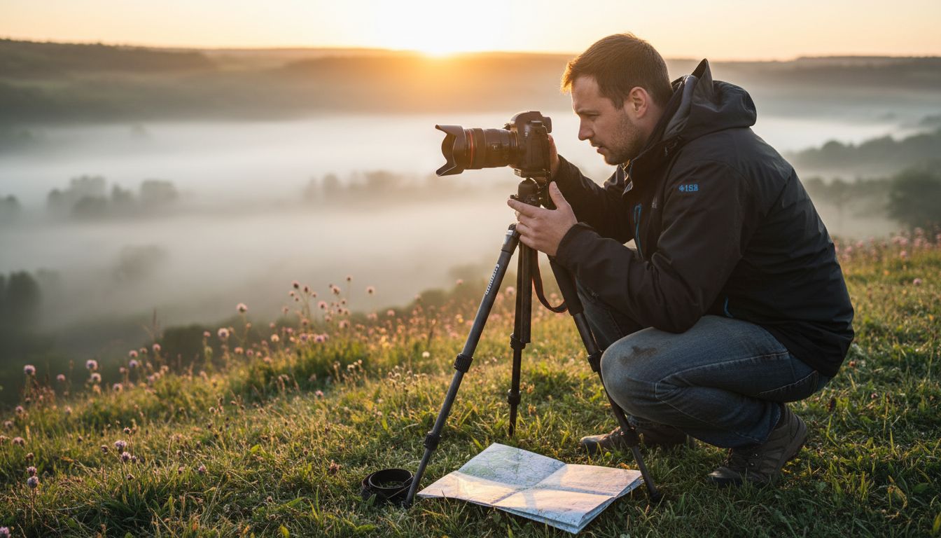 Photographer on dewy hillside setting up camera
