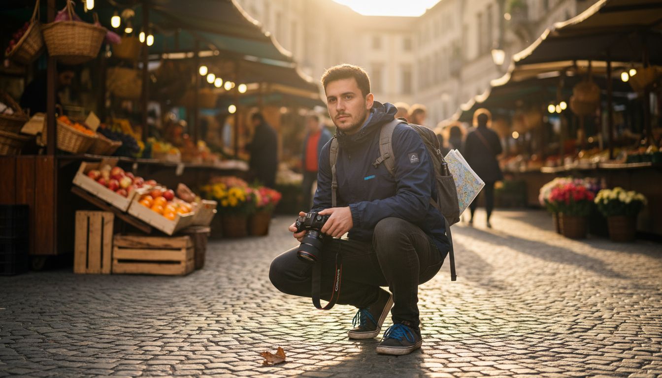 Beginner travel photographer at sunny street market