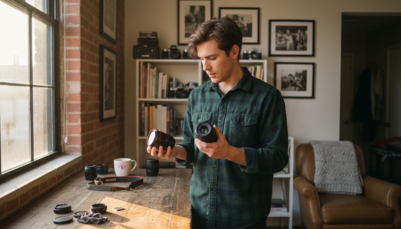 Photographer comparing wide and telephoto lenses