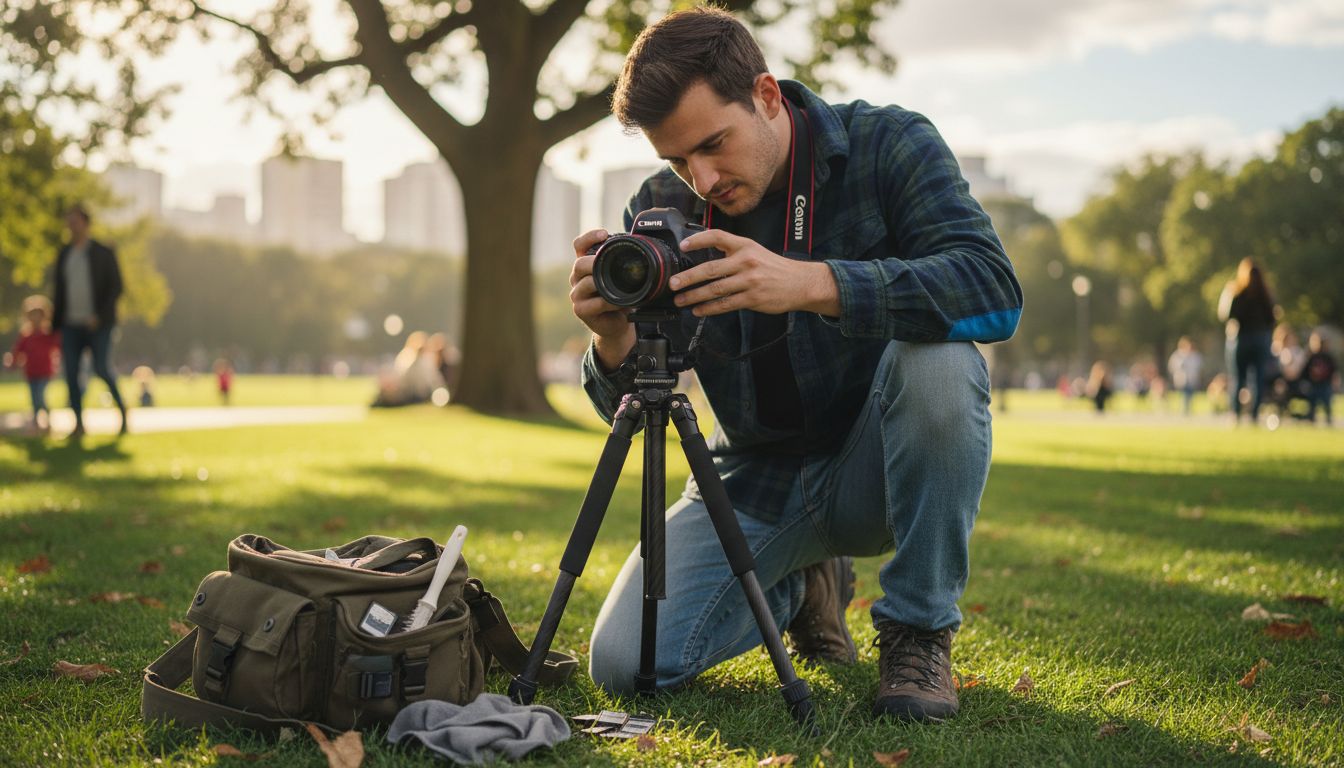 Amateur photographer sets up camera gear in park